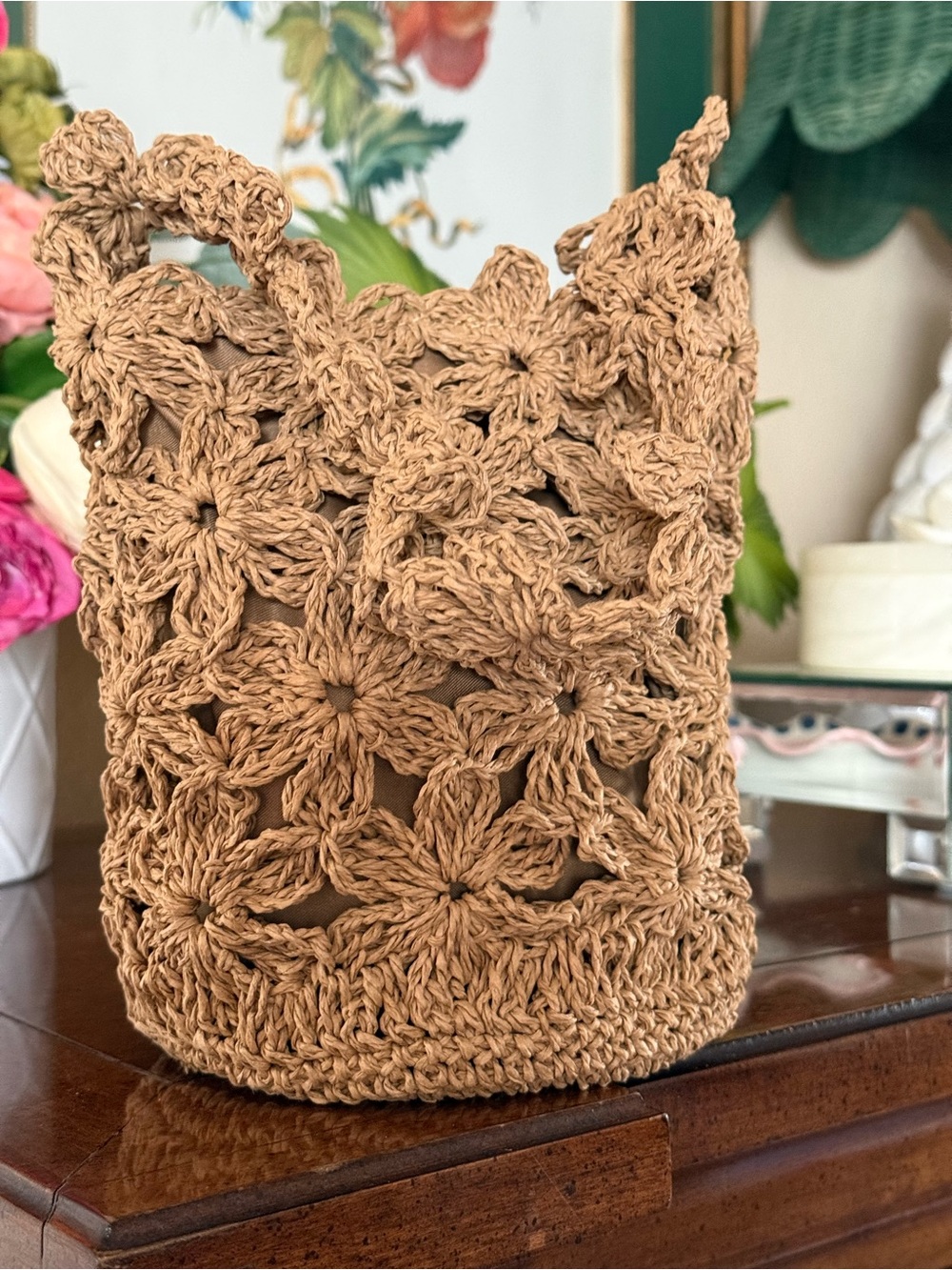 Crocheted Floral Bucket mini Bag in Natural Tan
